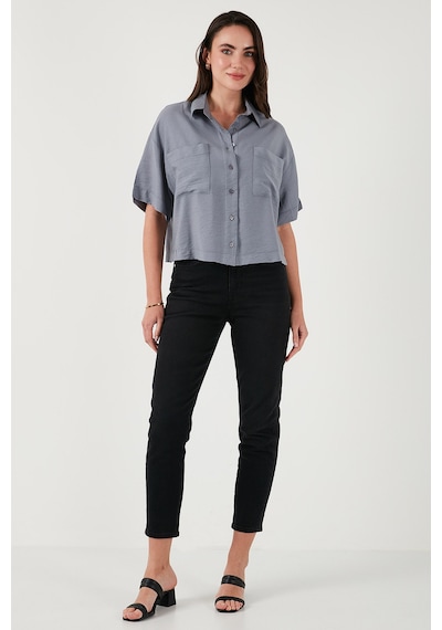 Lela Regular Fit Cep Detaylı Kısa Kollu Bayan Gömlek 6778568 Gri