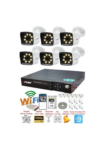 Fury 6 Kamera 5mp Lens 1080p 2mp Color Görüntü 8 Warm Led Gece Görüş Fullhd Güvenlik Kamera Sistemi 5525w 320gb