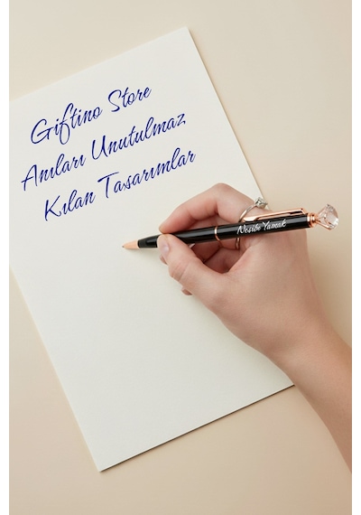Kişiye Özel İsim Baskılı Elmas Taşlı Siyah Tükenmez Kalem Tektaş Pırlanta Kalem Prenses Kalem Mavi