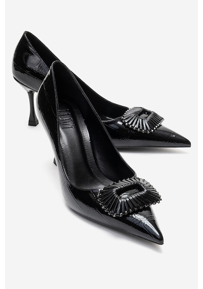 Luvishoes Rebel Siyah Baskılı Tokalı Kadın Topuklu Ayakkabı Siyah