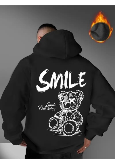 Nevermind Unisex Oversize Smile Yazılı Hoodie Trend Streetwear Kapüşonlu Siyah