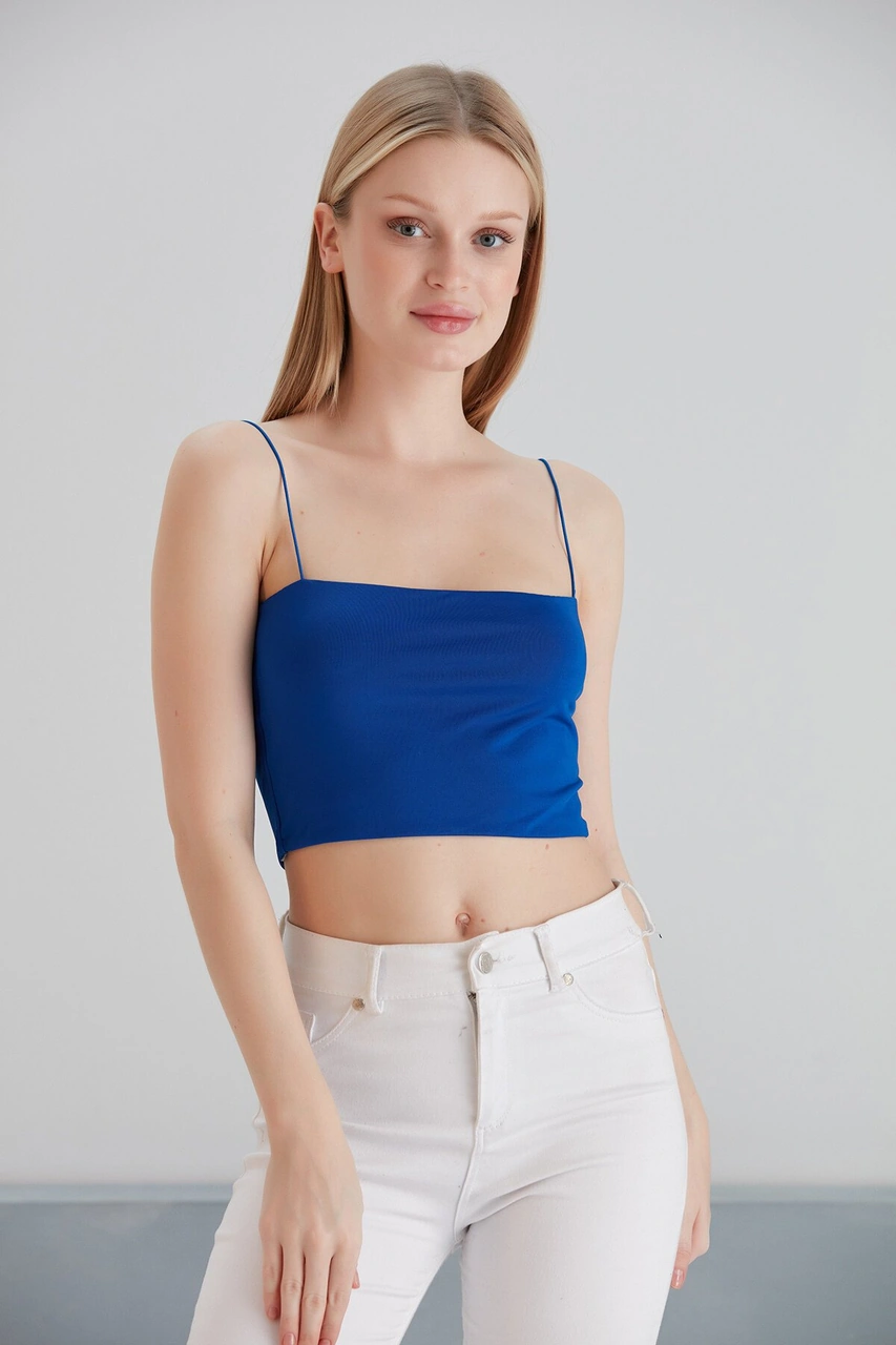 Mamayaga Kadın Askılı Şık Croptop Bluz Mavi