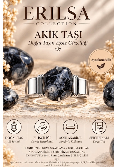Sertifikalı Doğal Siyah Beyaz Akik Taşı Ayarlanabilir El İşçiliği Çok renkli