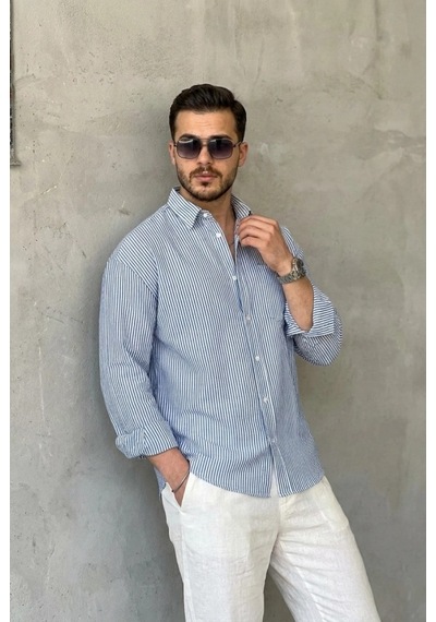 Valensdesign Erkek İnce Çizgili Gofre Kumaş Rahat Kalıp Gömlek Lacivert