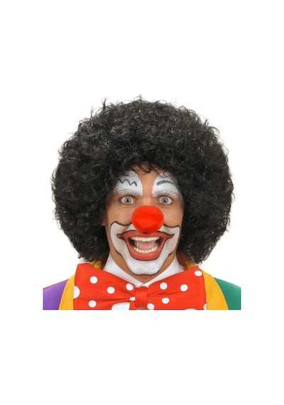 Siyah Renk Kıvırcık Afro Bonus Peruk Saç ve Kırmızı Sünger Burun Seti