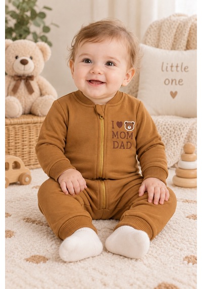 Beniizle Baskılı Unisex 3 İplik Şardonlu Fermuarlı Bebek Tulum Kahverengi