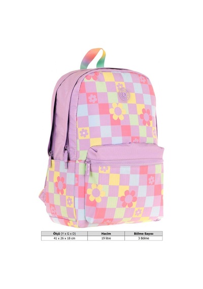 Kaukko Nature Kız Çocuk Üç Bölmeli Mor Pembe Papatya Ve Kare Desenli Okul Sırt Çantası - K1786 Mor - Pembe
