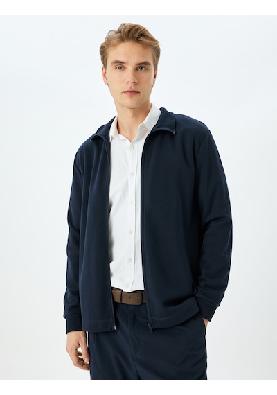 Koton Regular Fit Pamuk Karışımlı Uzun Kollu Basic Fermuarlı Sweatshirt Lacivert 5wam70253mk Lacivert