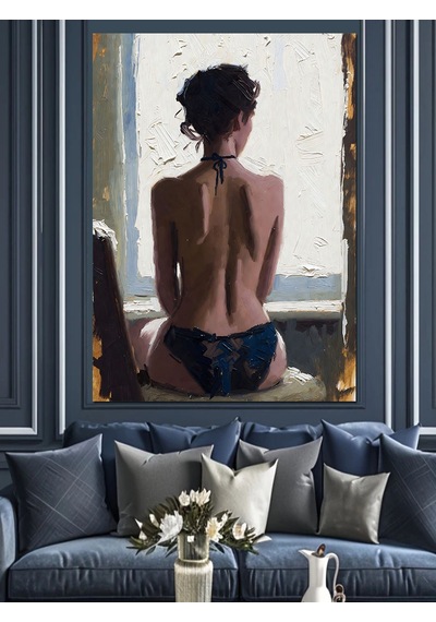 Ahşap Tablo Sırtı Dönük İç Çamaşırlı Seksi Kadın Yağlı Boya Çalışması