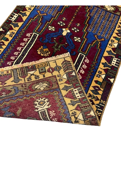 El Dokuma Eskitme Vintage Yahyalı Halısı Seccade 59x104 Kök Boya Yün Küçük Namazlık Renkli