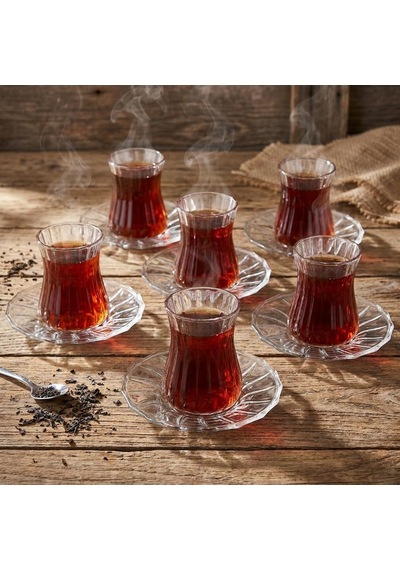 Lexroo 12 Parça Çay Seti - 6 Adet Fitil Desenli Cam Çay Bardağı Ve 6 Adet Cam Çay Tabağı Çok Renkli