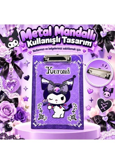 Bakgelal Kuromi Mor Güllü Desenli Metal Mandal Klipsli Sekreterlik Ve Bloknot Altlığı A4 Uyumlu - 9018222117087