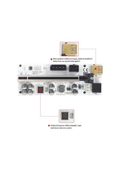 Unichrome Riser V010-X 8 Kapasitörlü Yükseltici PCI-E X1 to X16 Mining 4 Adet