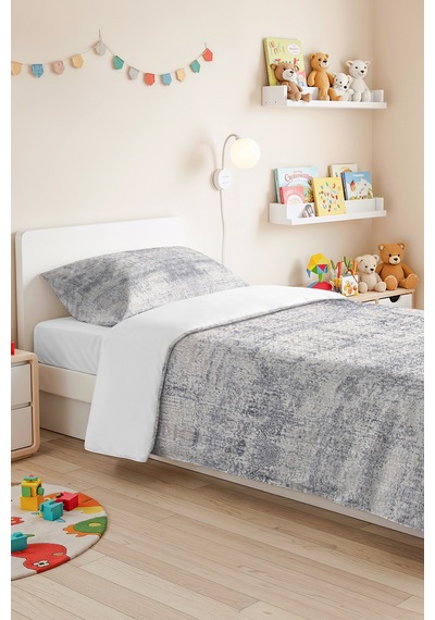 Mavi Gri Modern Genç Odası Tek Kişilik Pike Takımı - Mermer Dokulu 160x220 Cm Kapitone Yatak Örtüsü Kırçıllı Halı Serabı
