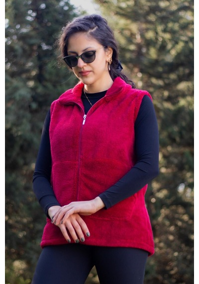 Azıcık Akıllı Kadın Bordo Kırmızı Dik Yaka Kalın Peluş Fermuarlı Yelek 24kylkk215 001