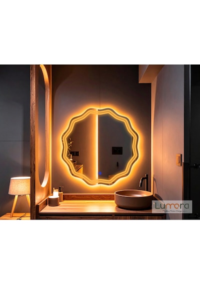 Zavira Amber Led'li Lazer Kumlamalı Lavabo & Banyo Aynası Dokunmatik Sensörlü 90 X 90 Turuncu