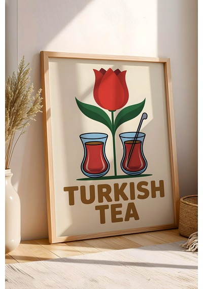 Türk Çayı Tablo - İnce Belli Bardak Retro Mutfak Posteri - Geleneksel İçecek Duvar Dekoru Kayın