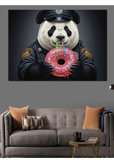 Panda Polis Pembe Donat Yiyor Dekoratif Kanvas - Mdf Ahşap Tablo