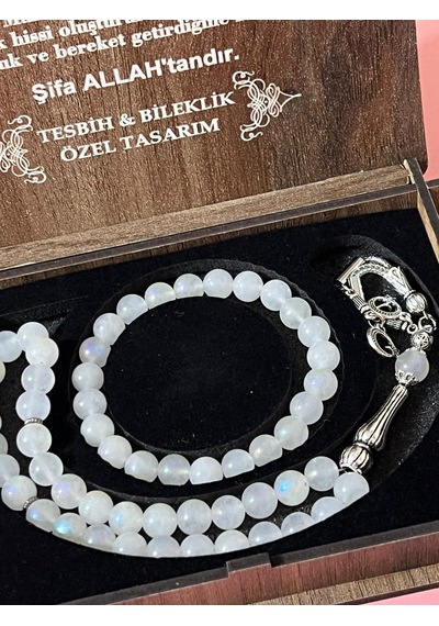 Ay Taşı Tesbih Ve Bileklik Seti Özel Tasarım Ahşap Kutusunda