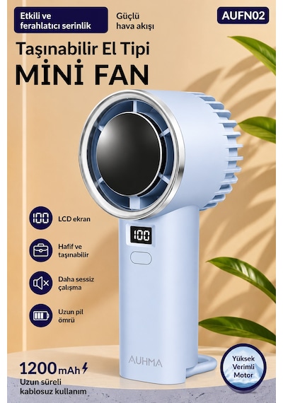 Exenar - Mavi - Güçlü Portatif Mini El Fanı 1200 Mah Dijital Ekranlı Şarjlı Vantilatör 5 Kademeli Fan Mavi