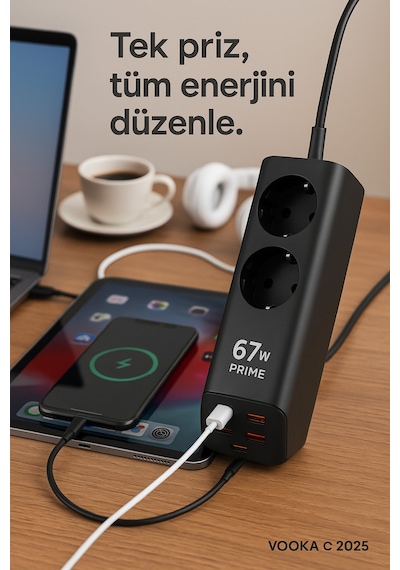 6in1 67w Gan Akıllı Priz 3a Hızlı Şarjlı Masaüstü Çoklu Şarj İstasyonu 3 Type-c + 1 Usb + 2 Acpriz