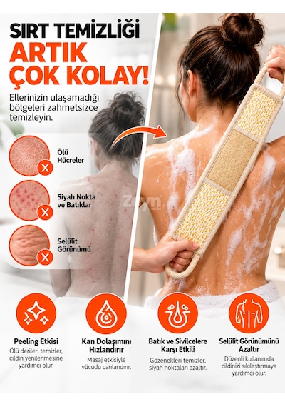 Hanex Doğal Kabak Lifi Sırt Kesesi Uzun Çift Saplı Banyo Duş Kesesi, Peeling Vücut Temizleme Lifi