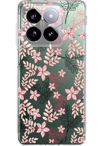Xiaomi Mi 14 İle Uyumlu Floral Kırmızı Baskılı Kamera Korumalı Şeffaf Kılıf