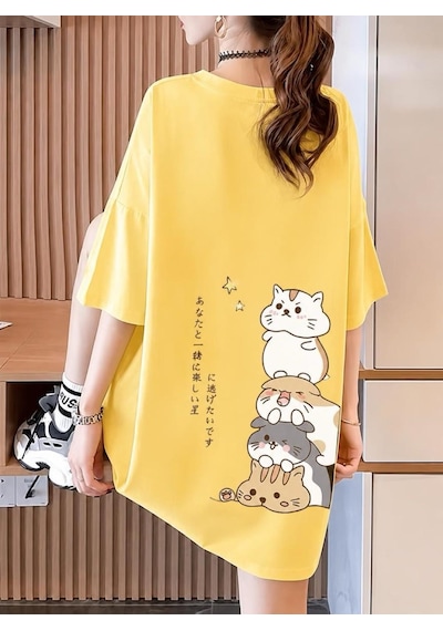 Harajuku Japon Yazılı Kedi Tasarımlı Unisex Oversize T-shirt Sari