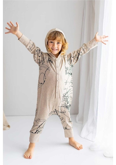 Oliven The Kid Oliventhekid Bej Ince Triko Geometrik Desenli Kapişonlu Önden Düğmeli Kışlık Unisex Çocuk Tulum Bej Bej