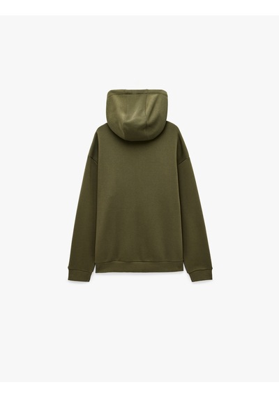 Koton Üç İplik Uzun Kollu Kanguru Cepli Kapşonlu Oversize Sweatshirt Haki 7wam70158mk