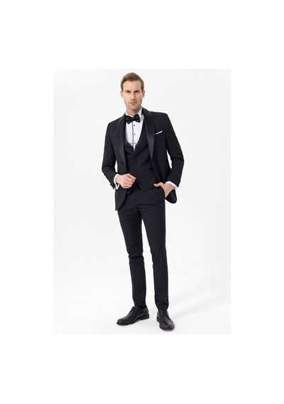Süvari Siyah Slim Fit Armürlü 6 Drop Smokin & Damatlık