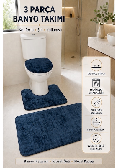 3 Lü Banyo Paspası Halısı Seti Kaymaz Tabanlı Yıkanabilir Klozet Takımı Lacivert