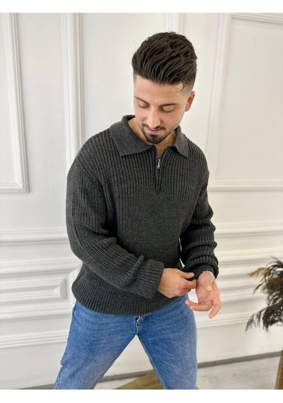 Elku Moda Kazak Oversize Tüylenmez Naturel Pamuk Fermuarlı Polo Yaka Örme Triko Kazak Füme