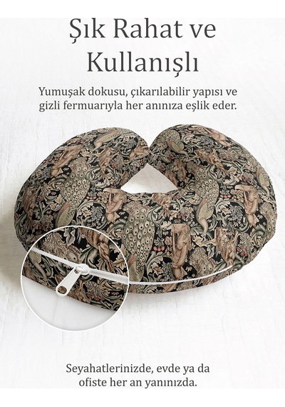 Tropikal Hayvan Ve Tavuskuşu Desenli Boyun Yastığı - Vintage Siyah Bej Seyahat Yastığı Mat Kanyon Mercan