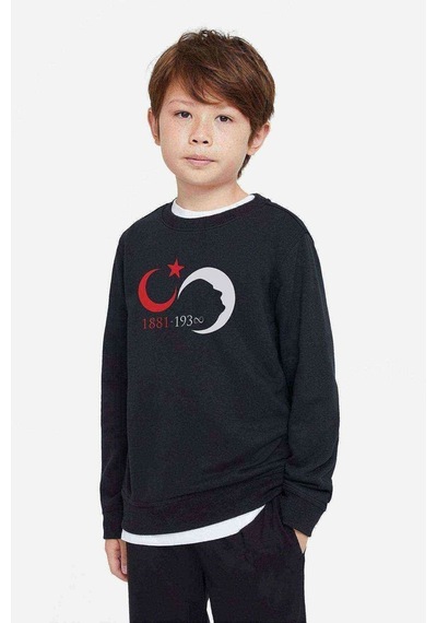 Tshirthane 10 Kasım Silüet Turk Bayrağı Baskılı Unisex Çocuk Siyah Sweat Siyah