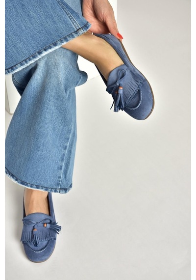 Fox Shoes Y996271002 Mavi Süet Püskül Detaylı Kadın Babet Mavi