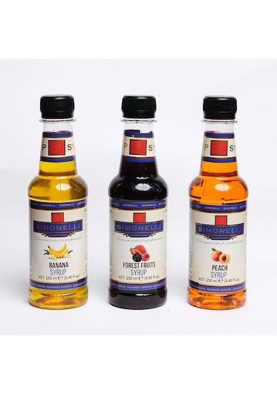 Simonelli 3'lü Şurup Seti Şeftali + Orman Meyvesi + Muz Kahve Ve Kokteyl Şurubu 3x250ml Diğer