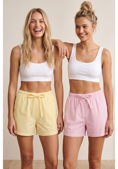 Siyah İnci 2'li Mevsimlik İnce Örme Şortlu Pijama Altı 8064 Çizgili Pembe Sarı
