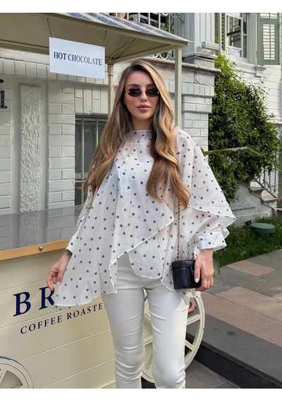 Laluvia Beyaz Puantiyeli Uçuşan Pelerin Bluz - 5088 Çok Renkli