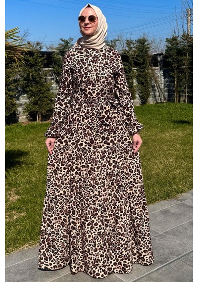 Rabia Şamlı Leopar Desenli Elbise Kahve Normal