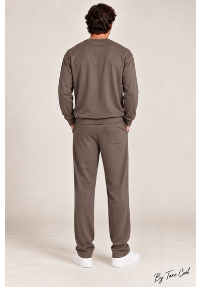 Tarz Cool Erkek Oversize %100 Oyşo Bisiklet Yaka Sweatshirt Bol Paça Alt Üst Takım Kahverengi