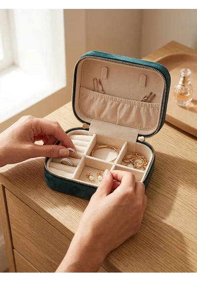 Takı Kutusu Düzenleyici Seyahat Çantası Kolye Yüzük Küpe Organizer Kadife Petrol Yeşili 12cmx8cm