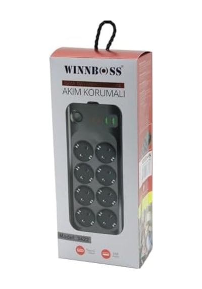 Chermik Wınnboss-3422 8'li Priz Uzatma Kablosu Usb Type-c Girişli, 2 Metre, Chrmk12268, Siyah, Erkek
