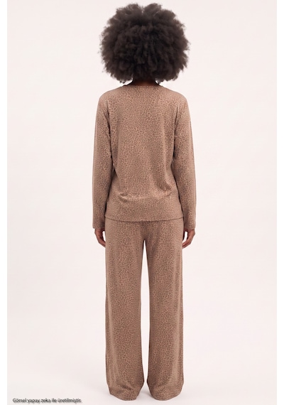 Siyah İnci Leopar Baskılı Örme Pijama Takım 8078 Vizon Leopar