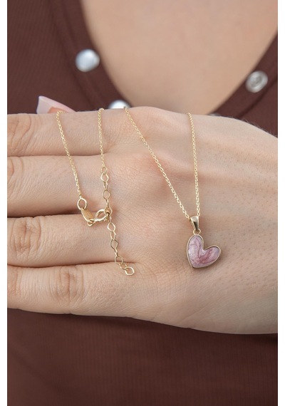 14 Ayar Altın Pembe Mineli Mini Kalp Kolye Sarı Altın