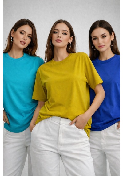 Kadın 3'lü Paket Hardal-turkuaz-saks Mavi %100 Pamuk Oversize Basic Tişört Bisiklet Yaka Relaxed T-shirt Beyaz-antrasit-lila