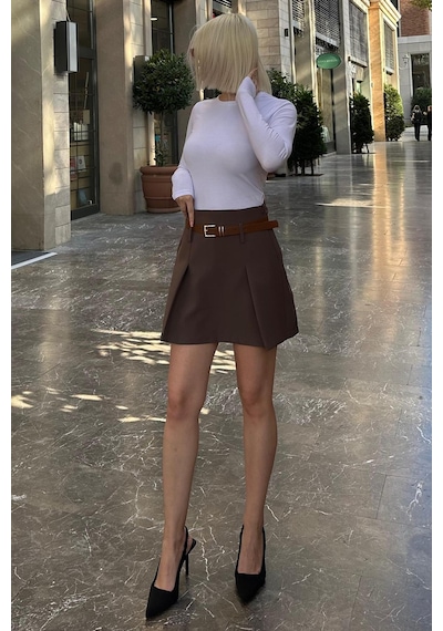 Madmext Kahverengi Pileli Kemerli Şortlu Kadın Etek Mg2247