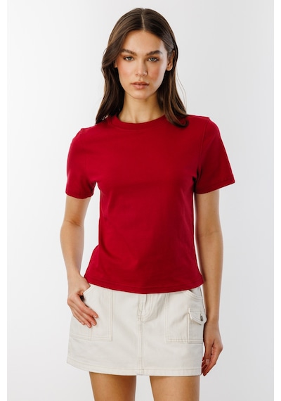 Kadın T-shirt Kısa Kollu Organik Pamuklu Bisiklet Yaka Crop T-shirt Kadın-t-shırt Bordo