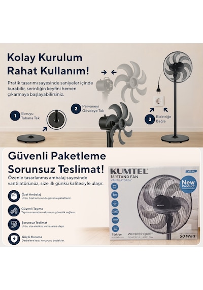 Kumtel Ktf-760 Siyah 16 İnç Ayaklı Vantilatör 50 W,7 Pervaneli,3 Kademeli, 130 Cm Yükseklik