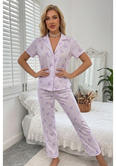 Bella Notte Lila Soft Fiyonk Desenli Yazlık Pijama Takımı Mor